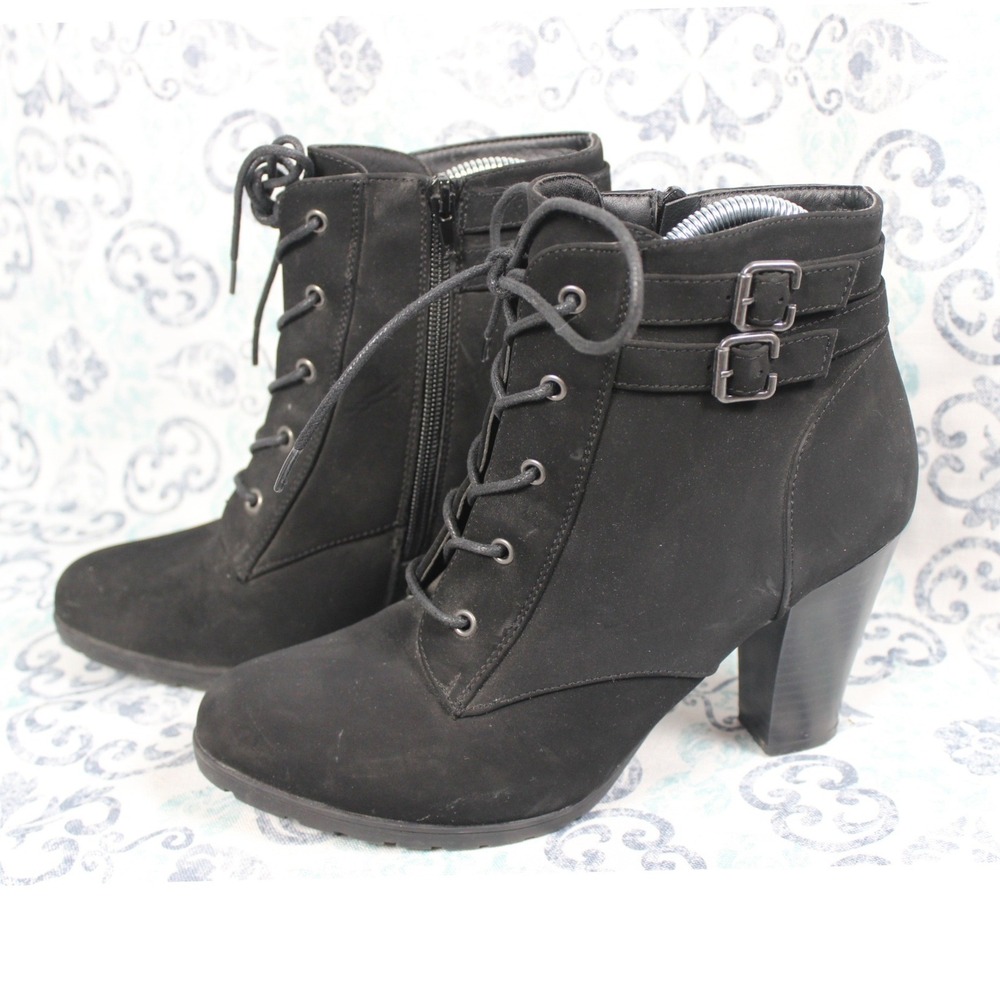 Rialto Shanaya Womens 9.5 M Black Lace Up Buckle Side Zip Block Heel Ankle Boots